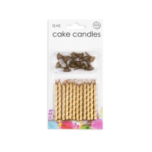 12 velas para bolo + 12 suportes dourados