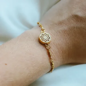 Pulseira Difusora Zoe Mandala Aço Inox 316L Dourada [Tampa Rosca]  – 12mm