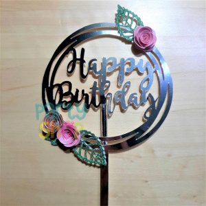 Topo Para Bolo Happy Birthday Floral Prateado